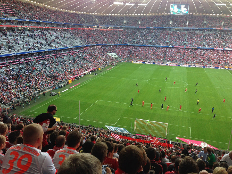 View from the lower tier behind the goal (end zone equivalent) of the Allianz Arena during a game